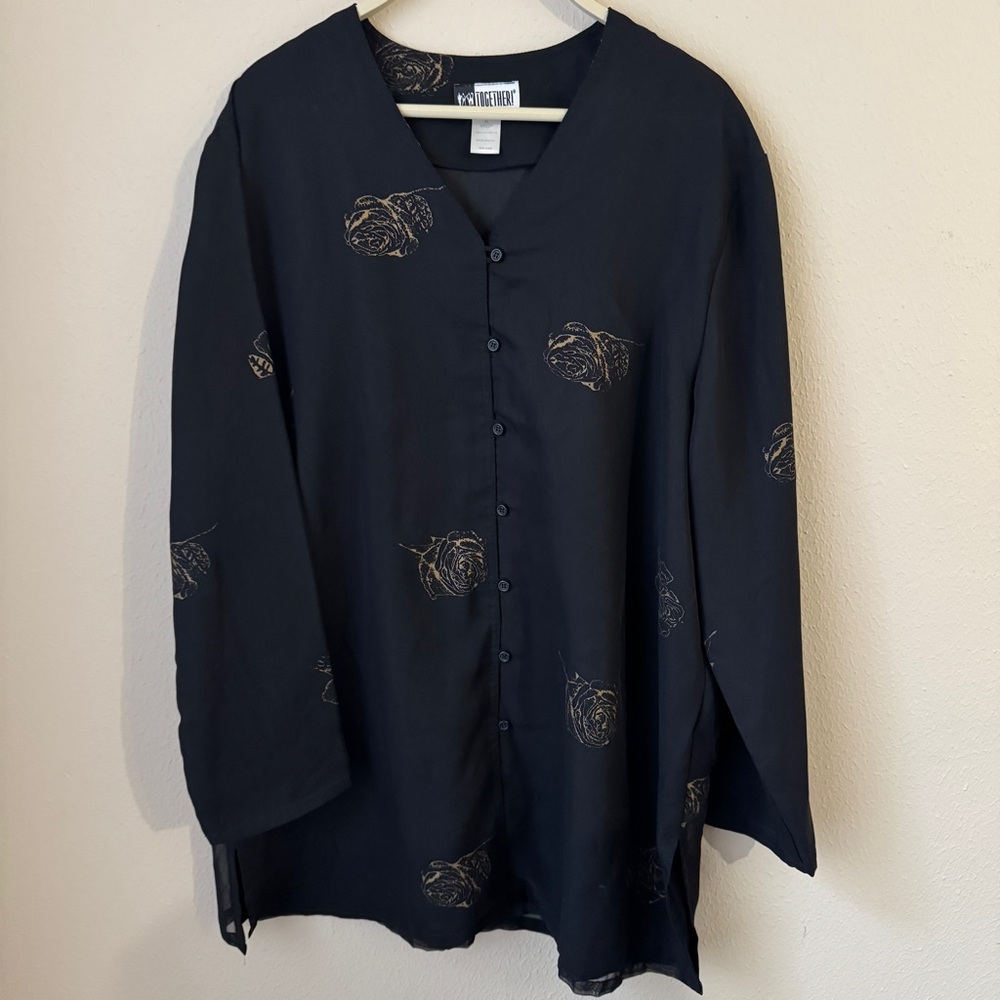 TOGETHER! Womens  Lightweight Chiffon Button-Up Tunic Top XL Black & Gold Floral
